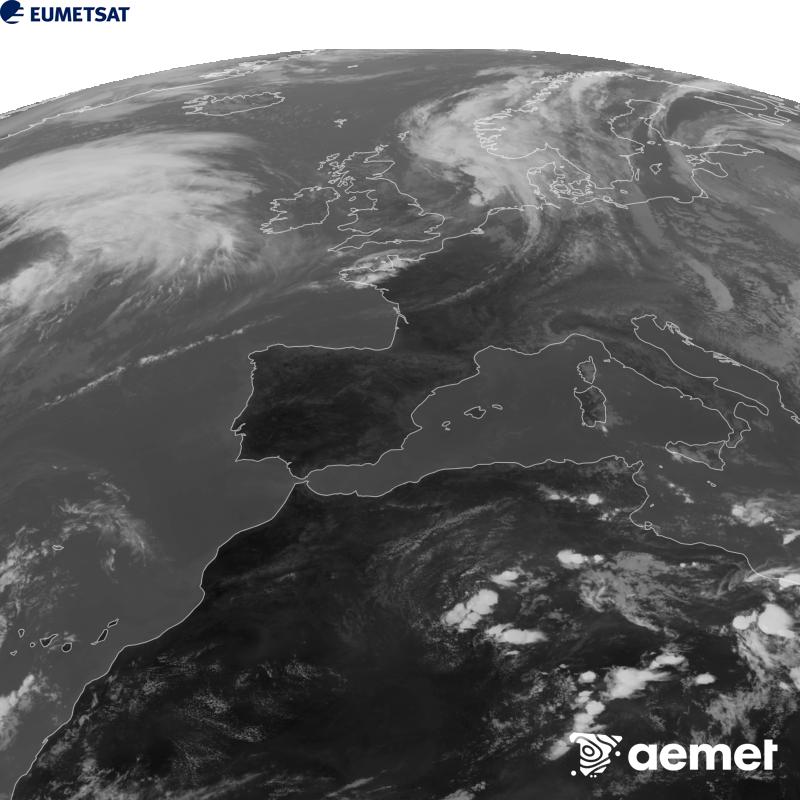 Esta imaxe x�rase utilizando informaci�n da canle Infravermella 10.5 �m do sat�lite METEOSAT-12, pertencente � terceira xeraci�n de sat�lites Meteosat (MTG). Para que a imaxe se asemelle m�is � percepci�n do ollo humano, a escala de grises est� investida. As horas indicadas ref�rense � pen�nsula (unha hora menos nas Illas Canarias).&nbsp;m�rcores, 23 setembro  2026 16:00
