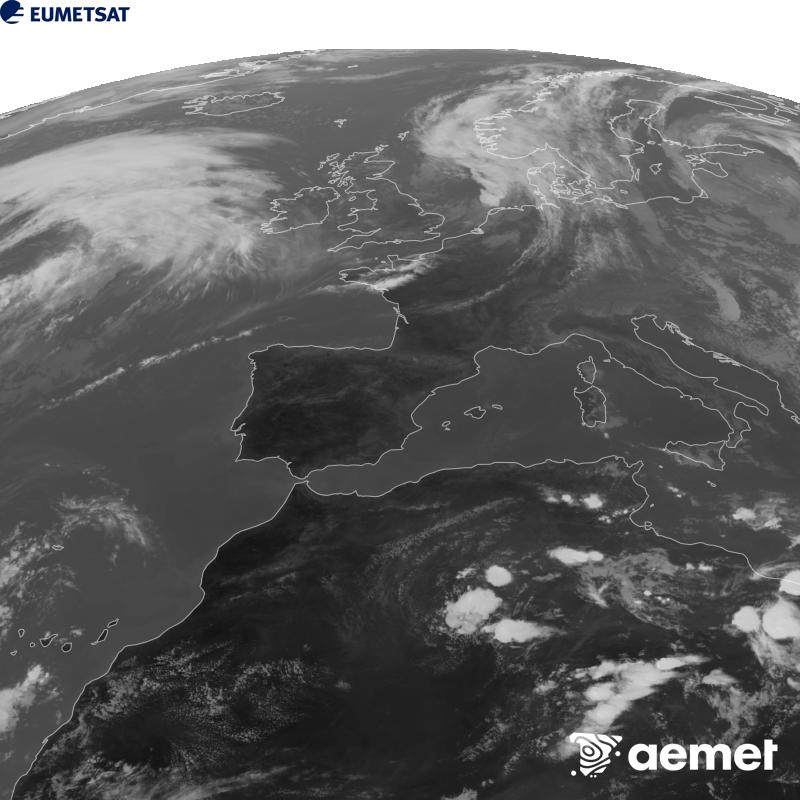 Esta imaxe x�rase utilizando informaci�n da canle Infravermella 10.5 �m do sat�lite METEOSAT-12, pertencente � terceira xeraci�n de sat�lites Meteosat (MTG). Para que a imaxe se asemelle m�is � percepci�n do ollo humano, a escala de grises est� investida. As horas indicadas ref�rense � pen�nsula (unha hora menos nas Illas Canarias).&nbsp;m�rcores, 23 setembro  2026 17:00