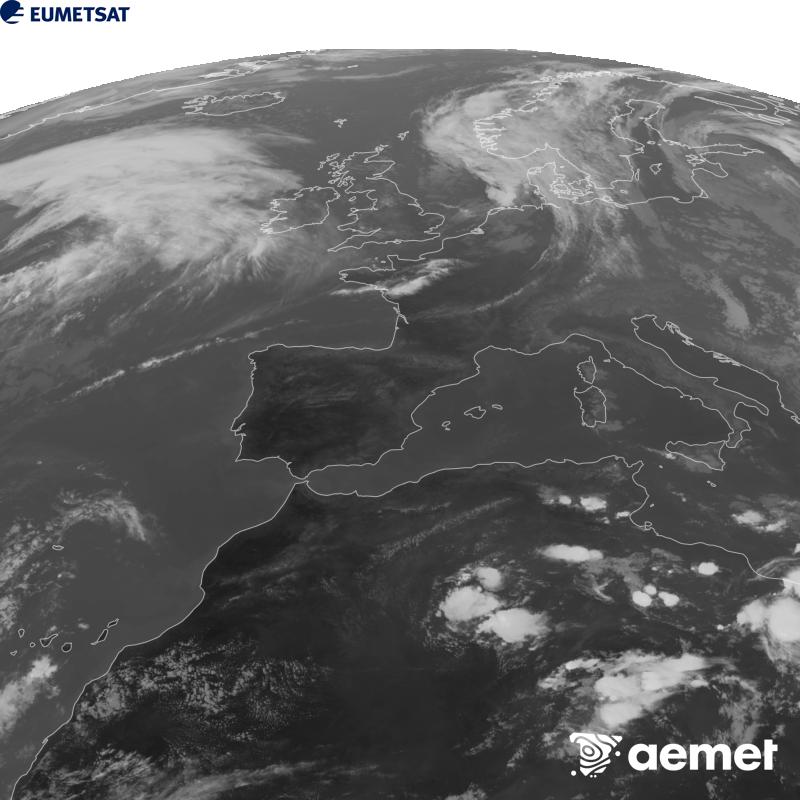 Esta imaxe x�rase utilizando informaci�n da canle Infravermella 10.5 �m do sat�lite METEOSAT-12, pertencente � terceira xeraci�n de sat�lites Meteosat (MTG). Para que a imaxe se asemelle m�is � percepci�n do ollo humano, a escala de grises est� investida. As horas indicadas ref�rense � pen�nsula (unha hora menos nas Illas Canarias).&nbsp;m�rcores, 23 setembro  2026 18:00
