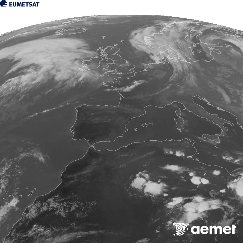 Esta imaxe x�rase utilizando informaci�n da canle Infravermella 10.5 �m do sat�lite METEOSAT-12, pertencente � terceira xeraci�n de sat�lites Meteosat (MTG). Para que a imaxe se asemelle m�is � percepci�n do ollo humano, a escala de grises est� investida. As horas indicadas ref�rense � pen�nsula (unha hora menos nas Illas Canarias).&nbsp;m�rcores, 23 setembro  2026 19:00