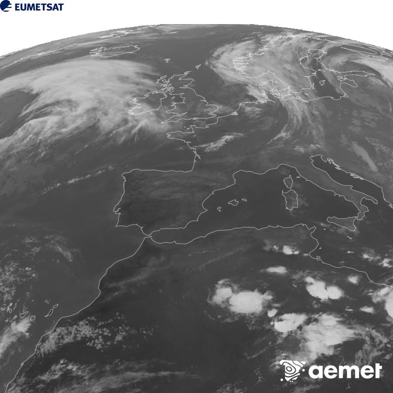 Esta imaxe x�rase utilizando informaci�n da canle Infravermella 10.5 �m do sat�lite METEOSAT-12, pertencente � terceira xeraci�n de sat�lites Meteosat (MTG). Para que a imaxe se asemelle m�is � percepci�n do ollo humano, a escala de grises est� investida. As horas indicadas ref�rense � pen�nsula (unha hora menos nas Illas Canarias).&nbsp;m�rcores, 23 setembro  2026 20:00