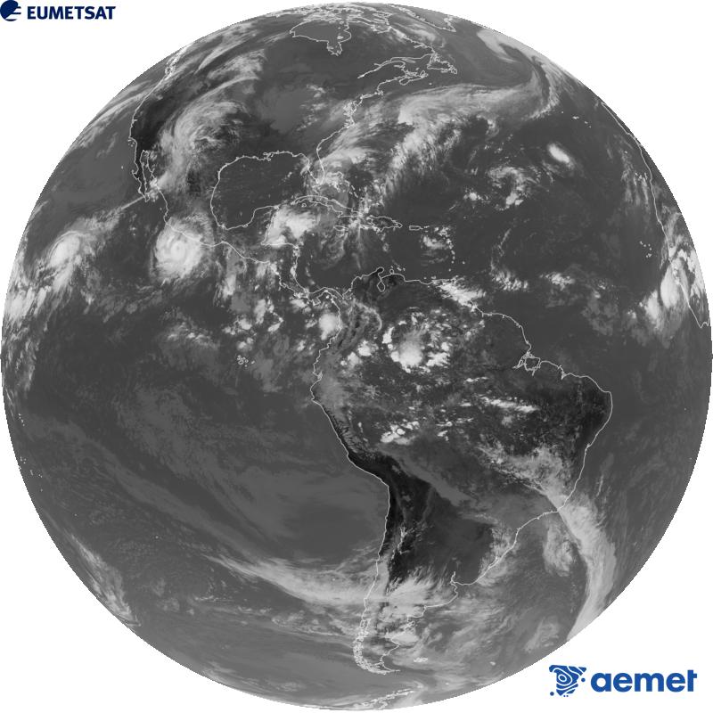 GOES-19 satelite geoegonkorraren kanal infragorriaren irudi globala (10.3 �m uhin-luzera). Ordu horiek penintsulari dagozkio (ordubete gutxiago Kanariar Uharteetan).&nbsp;asteazkena, 2026ko irailak 23, ordua: 20:00