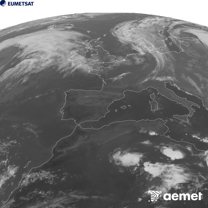 Esta imaxe x�rase utilizando informaci�n da canle Infravermella 10.5 �m do sat�lite METEOSAT-12, pertencente � terceira xeraci�n de sat�lites Meteosat (MTG). Para que a imaxe se asemelle m�is � percepci�n do ollo humano, a escala de grises est� investida. As horas indicadas ref�rense � pen�nsula (unha hora menos nas Illas Canarias).&nbsp;m�rcores, 23 setembro  2026 21:00