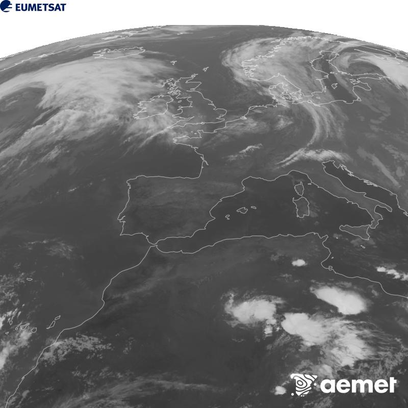 Esta imaxe x�rase utilizando informaci�n da canle Infravermella 10.5 �m do sat�lite METEOSAT-12, pertencente � terceira xeraci�n de sat�lites Meteosat (MTG). Para que a imaxe se asemelle m�is � percepci�n do ollo humano, a escala de grises est� investida. As horas indicadas ref�rense � pen�nsula (unha hora menos nas Illas Canarias).&nbsp;m�rcores, 23 setembro  2026 22:00