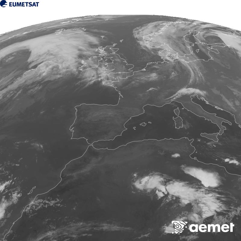 Esta imaxe x�rase utilizando informaci�n da canle Infravermella 10.5 �m do sat�lite METEOSAT-12, pertencente � terceira xeraci�n de sat�lites Meteosat (MTG). Para que a imaxe se asemelle m�is � percepci�n do ollo humano, a escala de grises est� investida. As horas indicadas ref�rense � pen�nsula (unha hora menos nas Illas Canarias).&nbsp;m�rcores, 23 setembro  2026 23:00