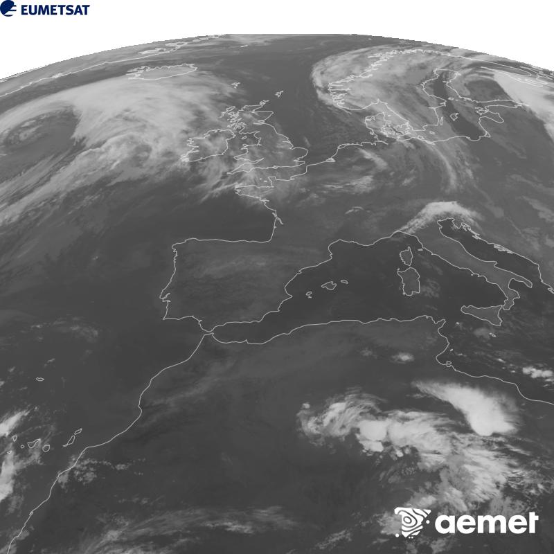 Esta imaxe x�rase utilizando informaci�n da canle Infravermella 10.5 �m do sat�lite METEOSAT-12, pertencente � terceira xeraci�n de sat�lites Meteosat (MTG). Para que a imaxe se asemelle m�is � percepci�n do ollo humano, a escala de grises est� investida. As horas indicadas ref�rense � pen�nsula (unha hora menos nas Illas Canarias).&nbsp;xoves, 24 setembro  2026 00:00