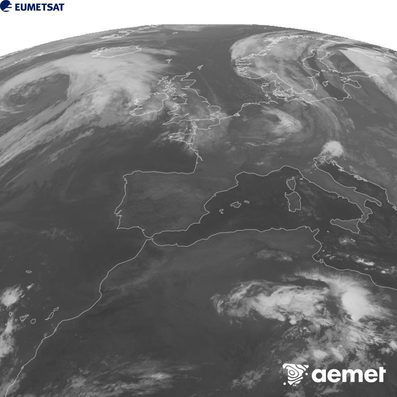 Esta imaxe x�rase utilizando informaci�n da canle Infravermella 10.5 �m do sat�lite METEOSAT-12, pertencente � terceira xeraci�n de sat�lites Meteosat (MTG). Para que a imaxe se asemelle m�is � percepci�n do ollo humano, a escala de grises est� investida. As horas indicadas ref�rense � pen�nsula (unha hora menos nas Illas Canarias).&nbsp;xoves, 24 setembro  2026 02:00