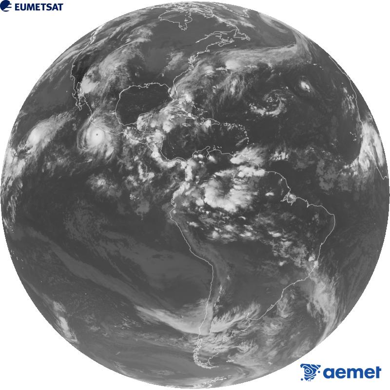 GOES-19 satelite geoegonkorraren kanal infragorriaren irudi globala (10.3 �m uhin-luzera). Ordu horiek penintsulari dagozkio (ordubete gutxiago Kanariar Uharteetan).&nbsp;osteguna, 2026ko irailak 24, ordua: 02:00