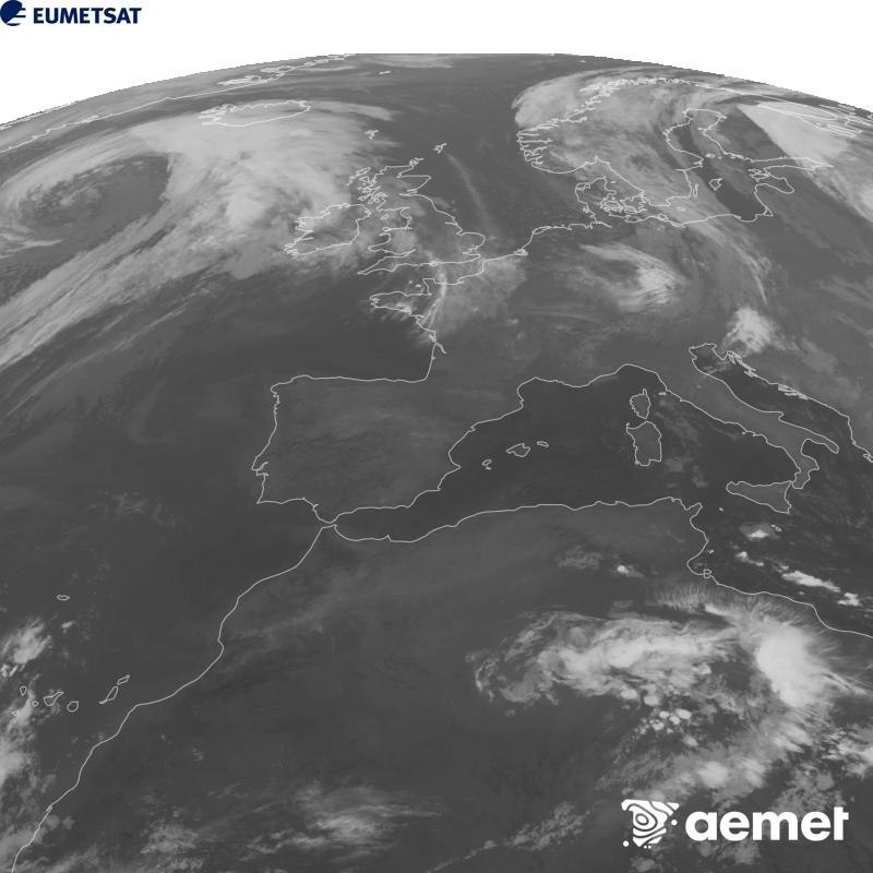 Esta imaxe x�rase utilizando informaci�n da canle Infravermella 10.5 �m do sat�lite METEOSAT-12, pertencente � terceira xeraci�n de sat�lites Meteosat (MTG). Para que a imaxe se asemelle m�is � percepci�n do ollo humano, a escala de grises est� investida. As horas indicadas ref�rense � pen�nsula (unha hora menos nas Illas Canarias).&nbsp;xoves, 24 setembro  2026 03:00
