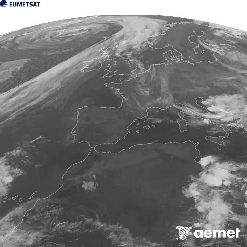 Esta imaxe x�rase utilizando informaci�n da canle Infravermella 10.5 �m do sat�lite METEOSAT-12, pertencente � terceira xeraci�n de sat�lites Meteosat (MTG). Para que a imaxe se asemelle m�is � percepci�n do ollo humano, a escala de grises est� investida. As horas indicadas ref�rense � pen�nsula (unha hora menos nas Illas Canarias).&nbsp;venres, 25 setembro  2026 00:00