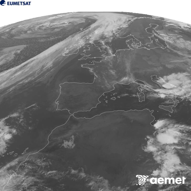 Esta imaxe x�rase utilizando informaci�n da canle Infravermella 10.5 �m do sat�lite METEOSAT-12, pertencente � terceira xeraci�n de sat�lites Meteosat (MTG). Para que a imaxe se asemelle m�is � percepci�n do ollo humano, a escala de grises est� investida. As horas indicadas ref�rense � pen�nsula (unha hora menos nas Illas Canarias).&nbsp;venres, 25 setembro  2026 01:00