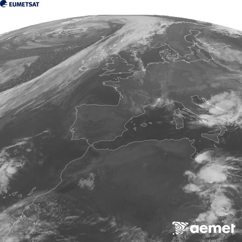 Esta imaxe x�rase utilizando informaci�n da canle Infravermella 10.5 �m do sat�lite METEOSAT-12, pertencente � terceira xeraci�n de sat�lites Meteosat (MTG). Para que a imaxe se asemelle m�is � percepci�n do ollo humano, a escala de grises est� investida. As horas indicadas ref�rense � pen�nsula (unha hora menos nas Illas Canarias).&nbsp;venres, 25 setembro  2026 02:00
