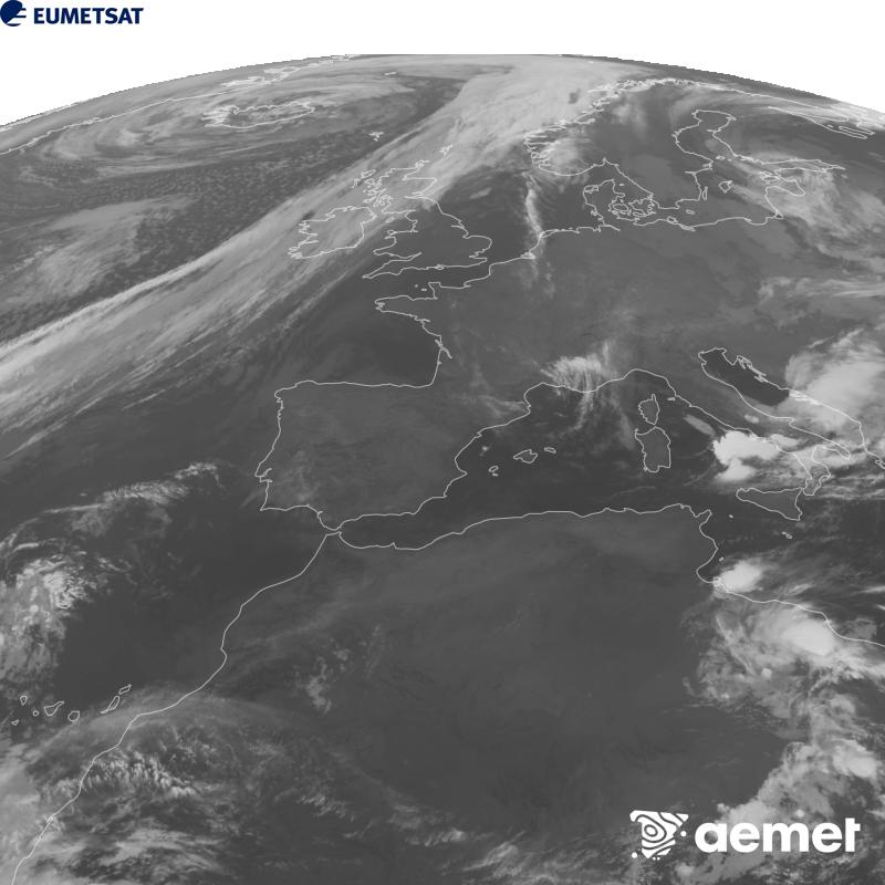 Esta imaxe x�rase utilizando informaci�n da canle Infravermella 10.5 �m do sat�lite METEOSAT-12, pertencente � terceira xeraci�n de sat�lites Meteosat (MTG). Para que a imaxe se asemelle m�is � percepci�n do ollo humano, a escala de grises est� investida. As horas indicadas ref�rense � pen�nsula (unha hora menos nas Illas Canarias).&nbsp;venres, 25 setembro  2026 05:00