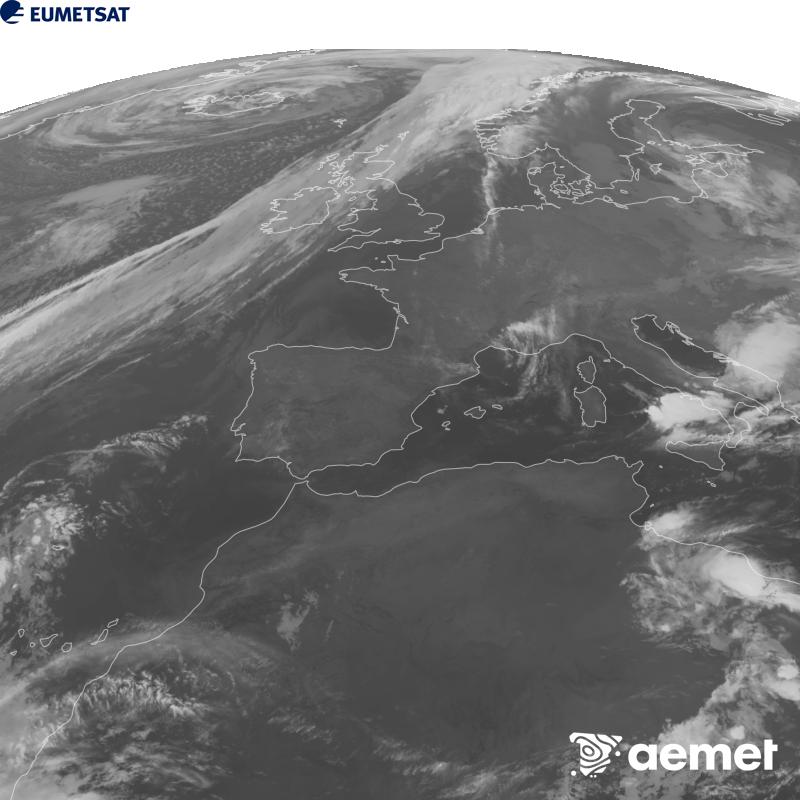 Esta imaxe x�rase utilizando informaci�n da canle Infravermella 10.5 �m do sat�lite METEOSAT-12, pertencente � terceira xeraci�n de sat�lites Meteosat (MTG). Para que a imaxe se asemelle m�is � percepci�n do ollo humano, a escala de grises est� investida. As horas indicadas ref�rense � pen�nsula (unha hora menos nas Illas Canarias).&nbsp;venres, 25 setembro  2026 06:00
