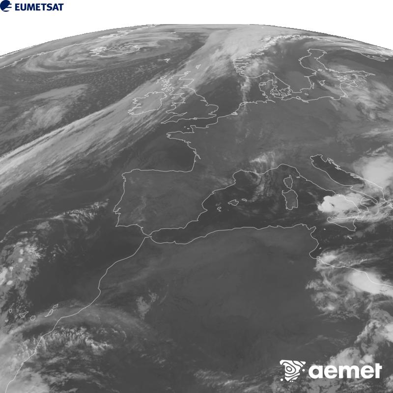 Esta imaxe x�rase utilizando informaci�n da canle Infravermella 10.5 �m do sat�lite METEOSAT-12, pertencente � terceira xeraci�n de sat�lites Meteosat (MTG). Para que a imaxe se asemelle m�is � percepci�n do ollo humano, a escala de grises est� investida. As horas indicadas ref�rense � pen�nsula (unha hora menos nas Illas Canarias).&nbsp;venres, 25 setembro  2026 07:00