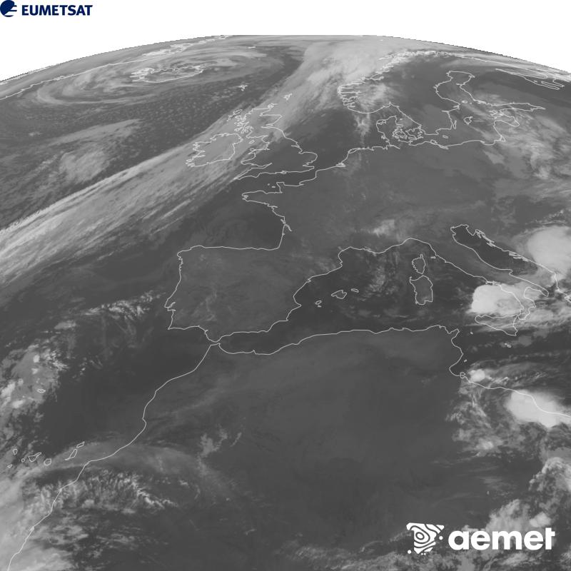 Esta imaxe x�rase utilizando informaci�n da canle Infravermella 10.5 �m do sat�lite METEOSAT-12, pertencente � terceira xeraci�n de sat�lites Meteosat (MTG). Para que a imaxe se asemelle m�is � percepci�n do ollo humano, a escala de grises est� investida. As horas indicadas ref�rense � pen�nsula (unha hora menos nas Illas Canarias).&nbsp;venres, 25 setembro  2026 08:00