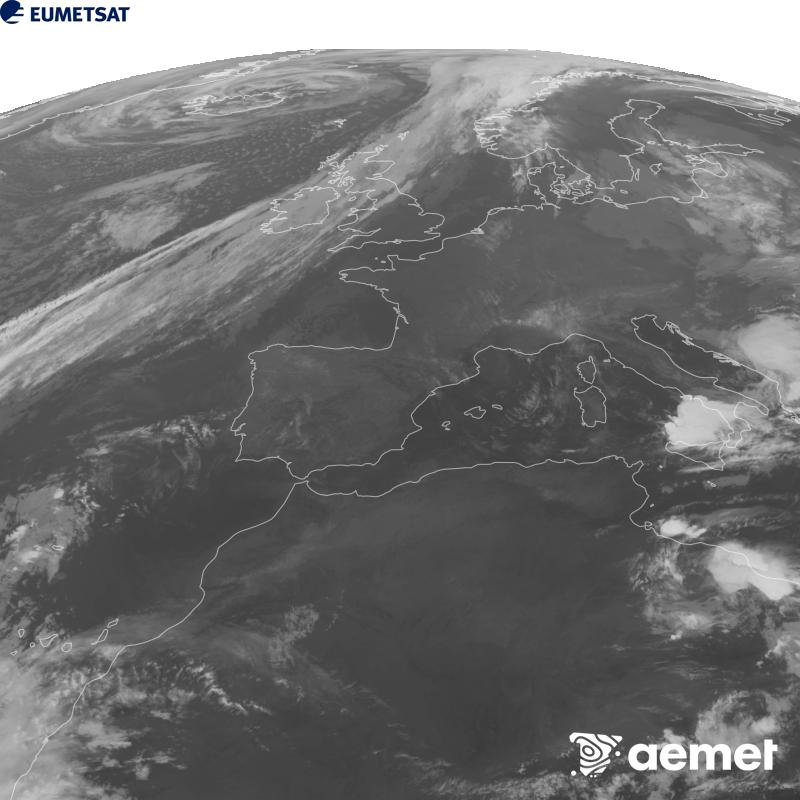 Esta imaxe x�rase utilizando informaci�n da canle Infravermella 10.5 �m do sat�lite METEOSAT-12, pertencente � terceira xeraci�n de sat�lites Meteosat (MTG). Para que a imaxe se asemelle m�is � percepci�n do ollo humano, a escala de grises est� investida. As horas indicadas ref�rense � pen�nsula (unha hora menos nas Illas Canarias).&nbsp;venres, 25 setembro  2026 09:00