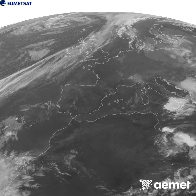 Esta imaxe x�rase utilizando informaci�n da canle Infravermella 10.5 �m do sat�lite METEOSAT-12, pertencente � terceira xeraci�n de sat�lites Meteosat (MTG). Para que a imaxe se asemelle m�is � percepci�n do ollo humano, a escala de grises est� investida. As horas indicadas ref�rense � pen�nsula (unha hora menos nas Illas Canarias).&nbsp;venres, 25 setembro  2026 10:00