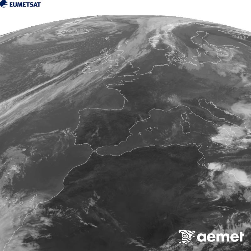 Esta imaxe x�rase utilizando informaci�n da canle Infravermella 10.5 �m do sat�lite METEOSAT-12, pertencente � terceira xeraci�n de sat�lites Meteosat (MTG). Para que a imaxe se asemelle m�is � percepci�n do ollo humano, a escala de grises est� investida. As horas indicadas ref�rense � pen�nsula (unha hora menos nas Illas Canarias).&nbsp;venres, 25 setembro  2026 11:00