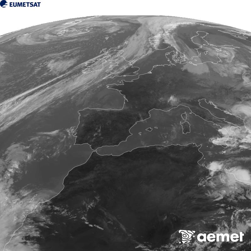 Esta imaxe x�rase utilizando informaci�n da canle Infravermella 10.5 �m do sat�lite METEOSAT-12, pertencente � terceira xeraci�n de sat�lites Meteosat (MTG). Para que a imaxe se asemelle m�is � percepci�n do ollo humano, a escala de grises est� investida. As horas indicadas ref�rense � pen�nsula (unha hora menos nas Illas Canarias).&nbsp;venres, 25 setembro  2026 12:00