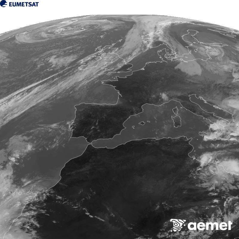 Esta imaxe x�rase utilizando informaci�n da canle Infravermella 10.5 �m do sat�lite METEOSAT-12, pertencente � terceira xeraci�n de sat�lites Meteosat (MTG). Para que a imaxe se asemelle m�is � percepci�n do ollo humano, a escala de grises est� investida. As horas indicadas ref�rense � pen�nsula (unha hora menos nas Illas Canarias).&nbsp;venres, 25 setembro  2026 13:00
