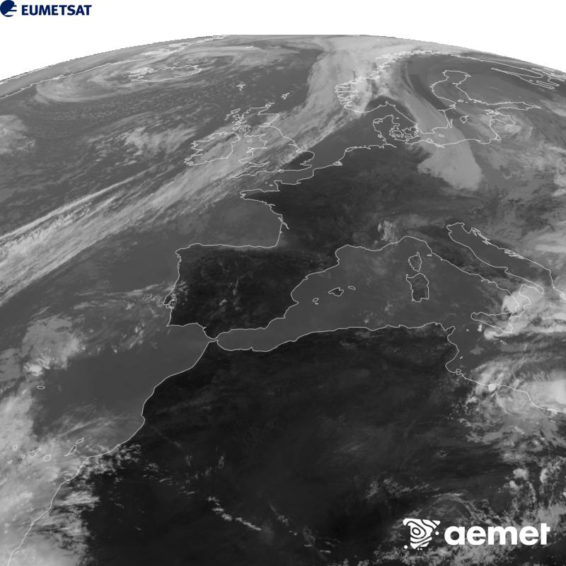 Esta imaxe x�rase utilizando informaci�n da canle Infravermella 10.5 �m do sat�lite METEOSAT-12, pertencente � terceira xeraci�n de sat�lites Meteosat (MTG). Para que a imaxe se asemelle m�is � percepci�n do ollo humano, a escala de grises est� investida. As horas indicadas ref�rense � pen�nsula (unha hora menos nas Illas Canarias).&nbsp;venres, 25 setembro  2026 14:00