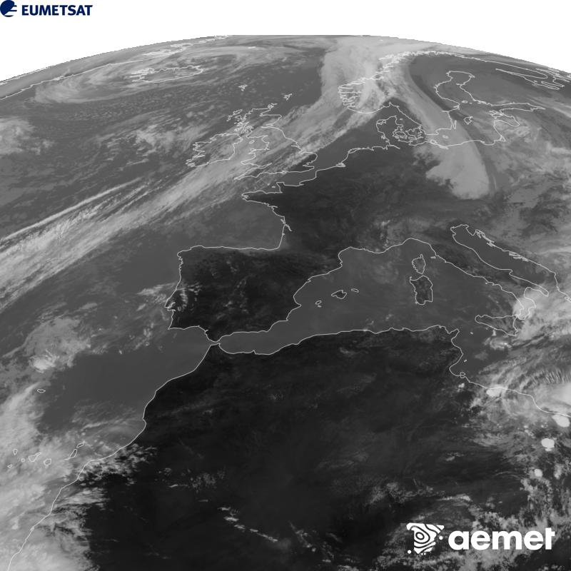 Esta imaxe x�rase utilizando informaci�n da canle Infravermella 10.5 �m do sat�lite METEOSAT-12, pertencente � terceira xeraci�n de sat�lites Meteosat (MTG). Para que a imaxe se asemelle m�is � percepci�n do ollo humano, a escala de grises est� investida. As horas indicadas ref�rense � pen�nsula (unha hora menos nas Illas Canarias).&nbsp;venres, 25 setembro  2026 15:00