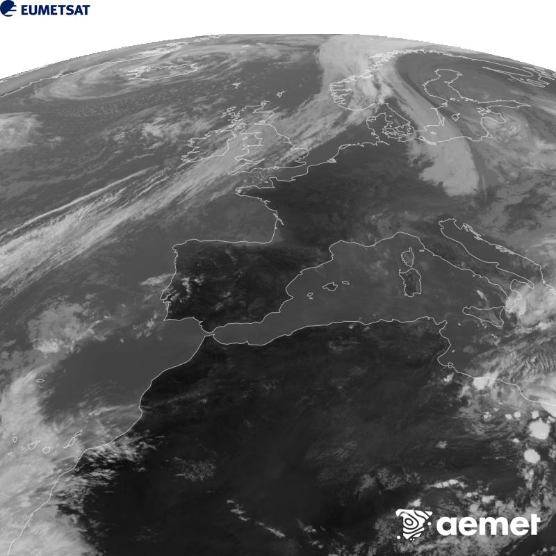 Esta imaxe x�rase utilizando informaci�n da canle Infravermella 10.5 �m do sat�lite METEOSAT-12, pertencente � terceira xeraci�n de sat�lites Meteosat (MTG). Para que a imaxe se asemelle m�is � percepci�n do ollo humano, a escala de grises est� investida. As horas indicadas ref�rense � pen�nsula (unha hora menos nas Illas Canarias).&nbsp;venres, 25 setembro  2026 16:00