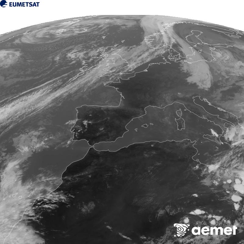 Esta imaxe x�rase utilizando informaci�n da canle Infravermella 10.5 �m do sat�lite METEOSAT-12, pertencente � terceira xeraci�n de sat�lites Meteosat (MTG). Para que a imaxe se asemelle m�is � percepci�n do ollo humano, a escala de grises est� investida. As horas indicadas ref�rense � pen�nsula (unha hora menos nas Illas Canarias).&nbsp;venres, 25 setembro  2026 17:00