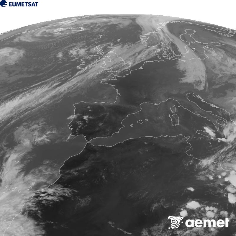 Esta imaxe x�rase utilizando informaci�n da canle Infravermella 10.5 �m do sat�lite METEOSAT-12, pertencente � terceira xeraci�n de sat�lites Meteosat (MTG). Para que a imaxe se asemelle m�is � percepci�n do ollo humano, a escala de grises est� investida. As horas indicadas ref�rense � pen�nsula (unha hora menos nas Illas Canarias).&nbsp;venres, 25 setembro  2026 18:00