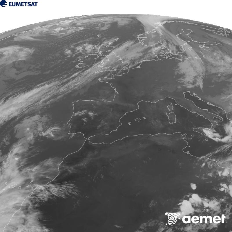 Esta imaxe x�rase utilizando informaci�n da canle Infravermella 10.5 �m do sat�lite METEOSAT-12, pertencente � terceira xeraci�n de sat�lites Meteosat (MTG). Para que a imaxe se asemelle m�is � percepci�n do ollo humano, a escala de grises est� investida. As horas indicadas ref�rense � pen�nsula (unha hora menos nas Illas Canarias).&nbsp;venres, 25 setembro  2026 20:00