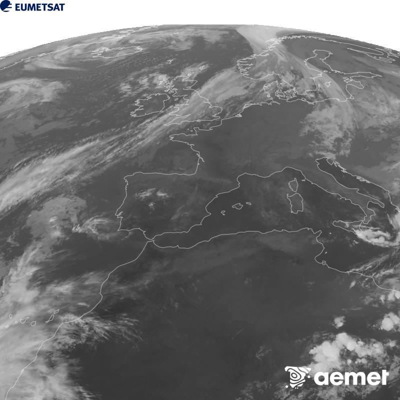 Esta imaxe x�rase utilizando informaci�n da canle Infravermella 10.5 �m do sat�lite METEOSAT-12, pertencente � terceira xeraci�n de sat�lites Meteosat (MTG). Para que a imaxe se asemelle m�is � percepci�n do ollo humano, a escala de grises est� investida. As horas indicadas ref�rense � pen�nsula (unha hora menos nas Illas Canarias).&nbsp;venres, 25 setembro  2026 21:00