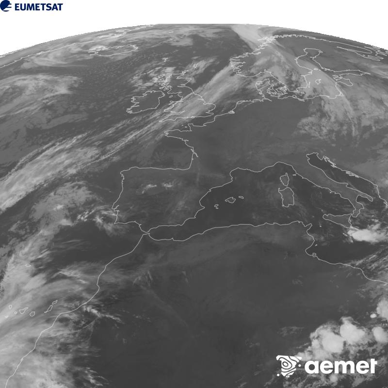 Esta imaxe x�rase utilizando informaci�n da canle Infravermella 10.5 �m do sat�lite METEOSAT-12, pertencente � terceira xeraci�n de sat�lites Meteosat (MTG). Para que a imaxe se asemelle m�is � percepci�n do ollo humano, a escala de grises est� investida. As horas indicadas ref�rense � pen�nsula (unha hora menos nas Illas Canarias).&nbsp;venres, 25 setembro  2026 23:00