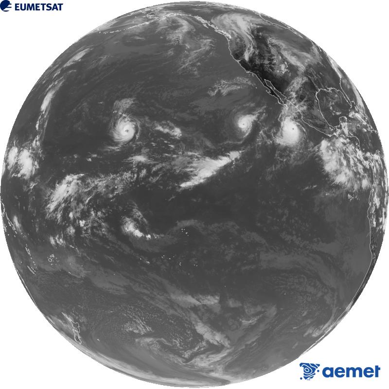 Imagen global del canal infrarrojo (longitud de onda 10.3 �m) del sat�lite estadounidense GOES-18. Las horas indicadas se refieren a la pen�nsula (una hora menos en las Islas Canarias).&nbsp;viernes, 25 septiembre 2026 a las 23:00