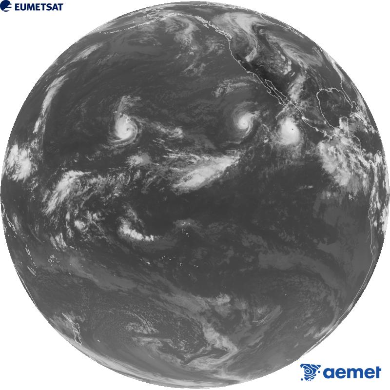 Imagen global del canal infrarrojo (longitud de onda 10.3 �m) del sat�lite estadounidense GOES-18. Las horas indicadas se refieren a la pen�nsula (una hora menos en las Islas Canarias).&nbsp;s�bado, 26 septiembre 2026 a las 02:00