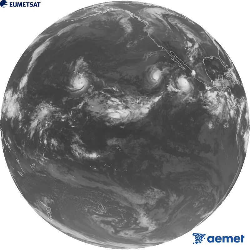 Imagen global del canal infrarrojo (longitud de onda 10.3 �m) del sat�lite estadounidense GOES-18. Las horas indicadas se refieren a la pen�nsula (una hora menos en las Islas Canarias).&nbsp;s�bado, 26 septiembre 2026 a las 08:00