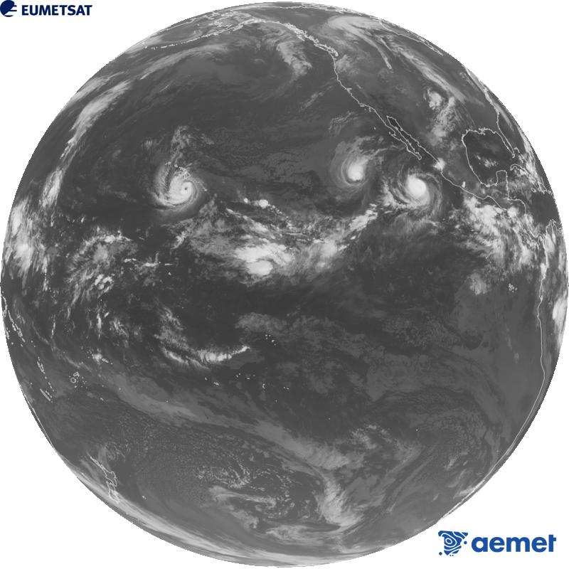 Imagen global del canal infrarrojo (longitud de onda 10.3 �m) del sat�lite estadounidense GOES-18. Las horas indicadas se refieren a la pen�nsula (una hora menos en las Islas Canarias).&nbsp;s�bado, 26 septiembre 2026 a las 11:00