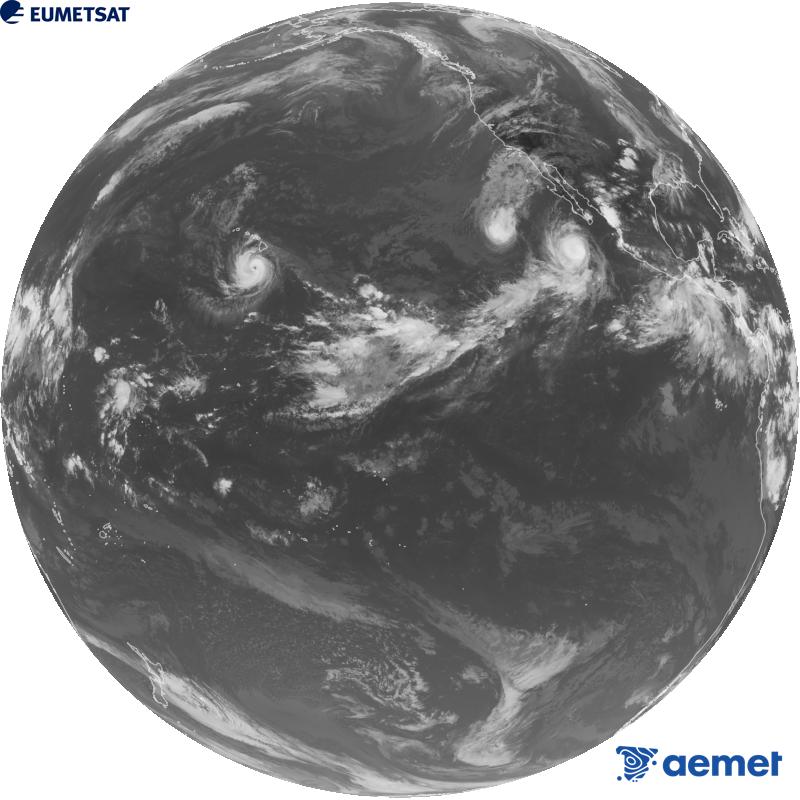 GOES-18 satelite estatubatuarraren kanal infragorriaren irudi globala (10.3 �m uhin-luzera). Ordu horiek penintsulari dagozkio (ordubete gutxiago Kanariar Uharteetan).&nbsp;igandea, 2026ko irailak 27, ordua: 02:00