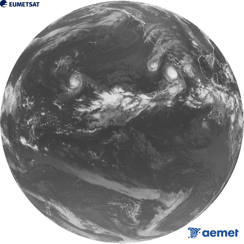 GOES-18 satelite estatubatuarraren kanal infragorriaren irudi globala (10.3 �m uhin-luzera). Ordu horiek penintsulari dagozkio (ordubete gutxiago Kanariar Uharteetan).&nbsp;igandea, 2026ko irailak 27, ordua: 11:00