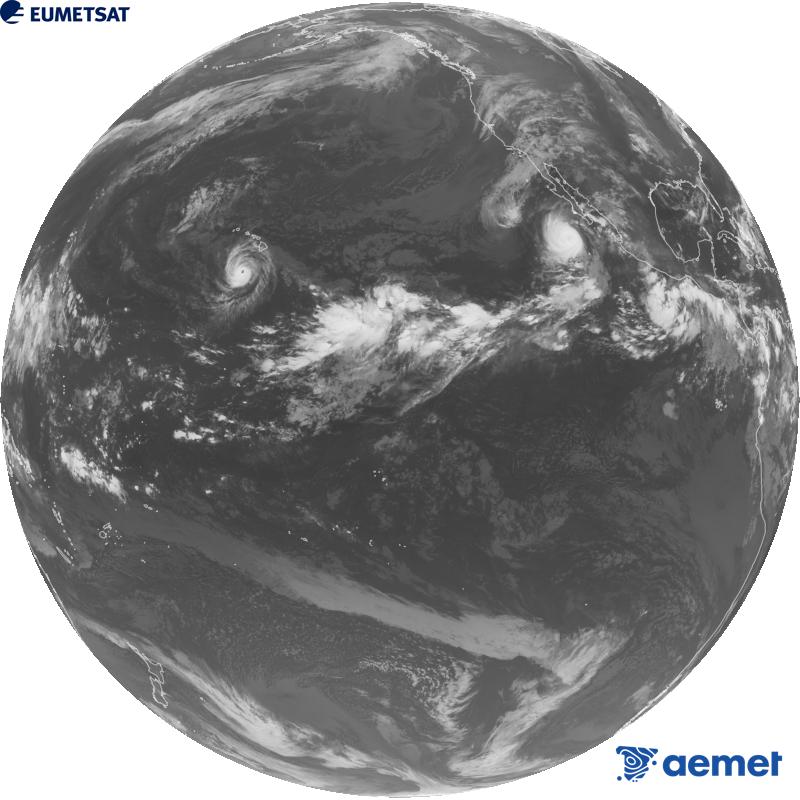 GOES-18 satelite estatubatuarraren kanal infragorriaren irudi globala (10.3 �m uhin-luzera). Ordu horiek penintsulari dagozkio (ordubete gutxiago Kanariar Uharteetan).&nbsp;igandea, 2026ko irailak 27, ordua: 14:00