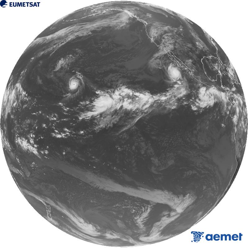 GOES-18 satelite estatubatuarraren kanal infragorriaren irudi globala (10.3 �m uhin-luzera). Ordu horiek penintsulari dagozkio (ordubete gutxiago Kanariar Uharteetan).&nbsp;igandea, 2026ko irailak 27, ordua: 17:00