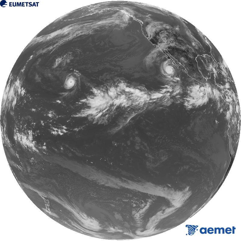 GOES-18 satelite estatubatuarraren kanal infragorriaren irudi globala (10.3 �m uhin-luzera). Ordu horiek penintsulari dagozkio (ordubete gutxiago Kanariar Uharteetan).&nbsp;igandea, 2026ko irailak 27, ordua: 20:00