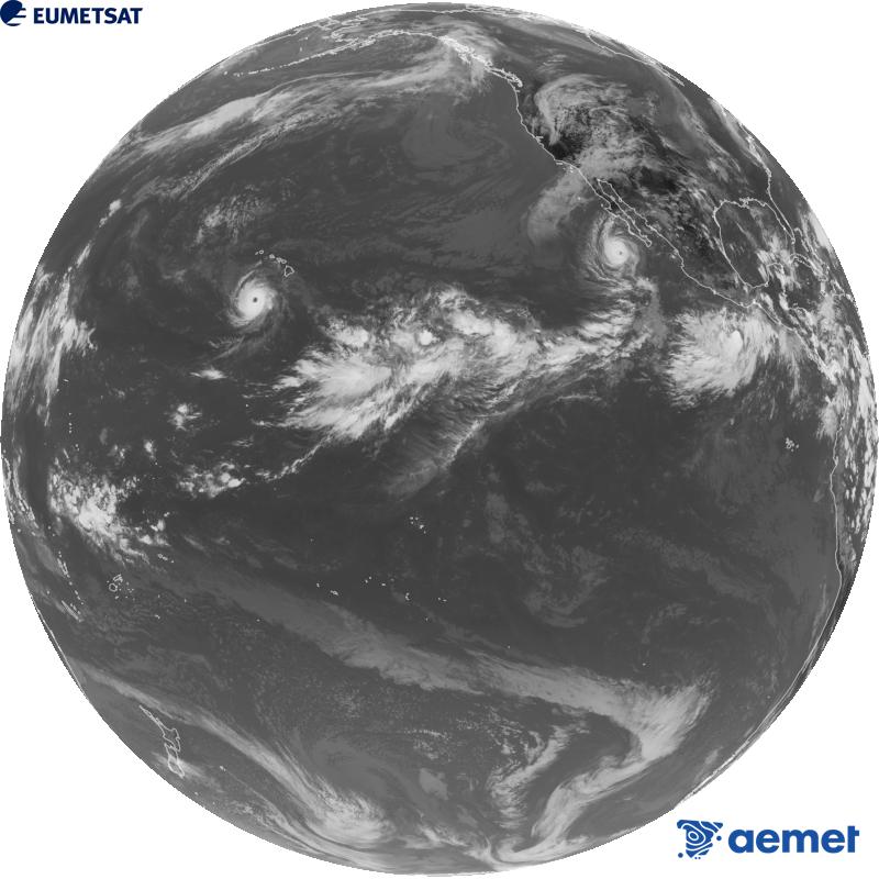 GOES-18 satelite estatubatuarraren kanal infragorriaren irudi globala (10.3 �m uhin-luzera). Ordu horiek penintsulari dagozkio (ordubete gutxiago Kanariar Uharteetan).&nbsp;igandea, 2026ko irailak 27, ordua: 23:00