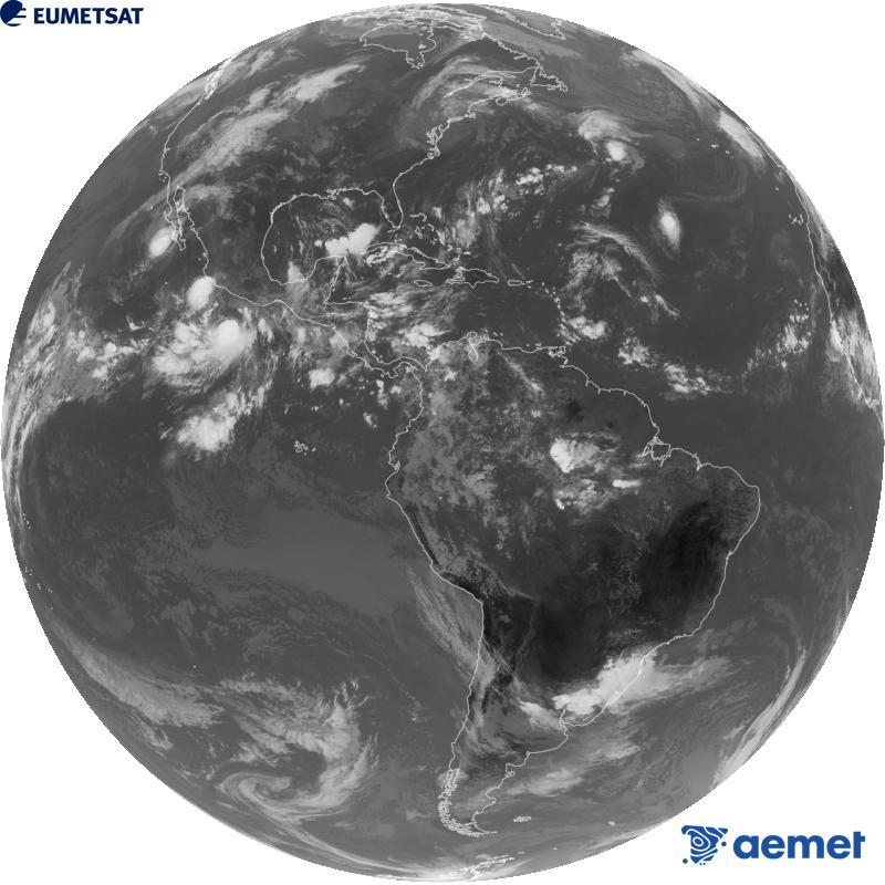 Imatge global del canal infraroig (longitud d'ona 10.3 �m) del sat�l�lit geoestacionari estatunidenc GOES-19. Les hores indicades es refereixen a la pen�nsula (una hora menys a les Illes Can�ries).&nbsp;dilluns, 28 de setembre  2026 17:00