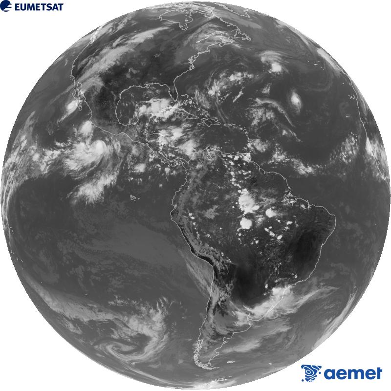 Imatge global del canal infraroig (longitud d'ona 10.3 �m) del sat�l�lit geoestacionari estatunidenc GOES-19. Les hores indicades es refereixen a la pen�nsula (una hora menys a les Illes Can�ries).&nbsp;dilluns, 28 de setembre  2026 20:00