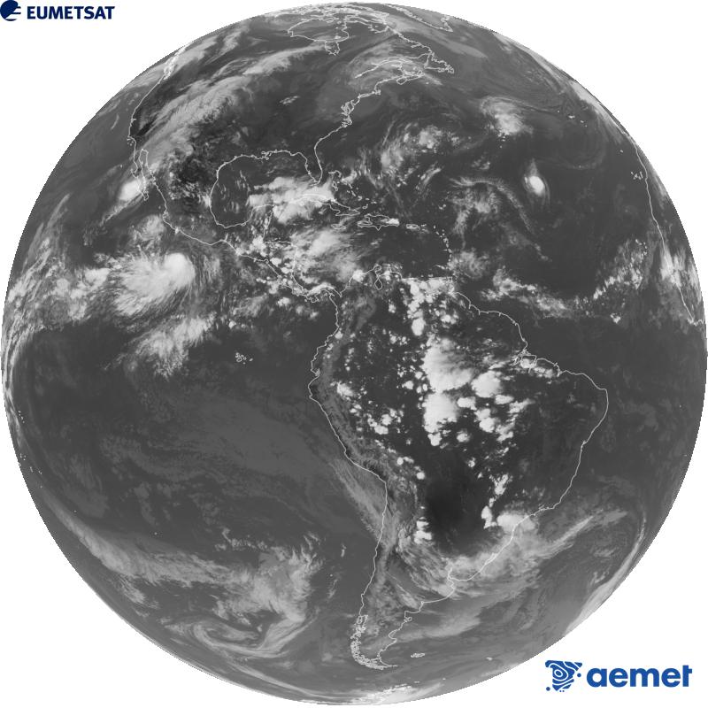 Imatge global del canal infraroig (longitud d'ona 10.3 �m) del sat�l�lit geoestacionari estatunidenc GOES-19. Les hores indicades es refereixen a la pen�nsula (una hora menys a les Illes Can�ries).&nbsp;dilluns, 28 de setembre  2026 23:00