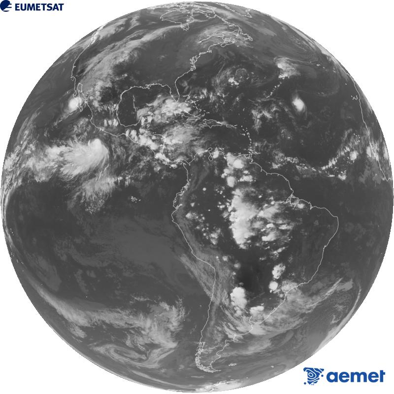Imatge global del canal infraroig (longitud d'ona 10.3 �m) del sat�l�lit geoestacionari estatunidenc GOES-19. Les hores indicades es refereixen a la pen�nsula (una hora menys a les Illes Can�ries).&nbsp;dimarts, 29 de setembre  2026 02:00
