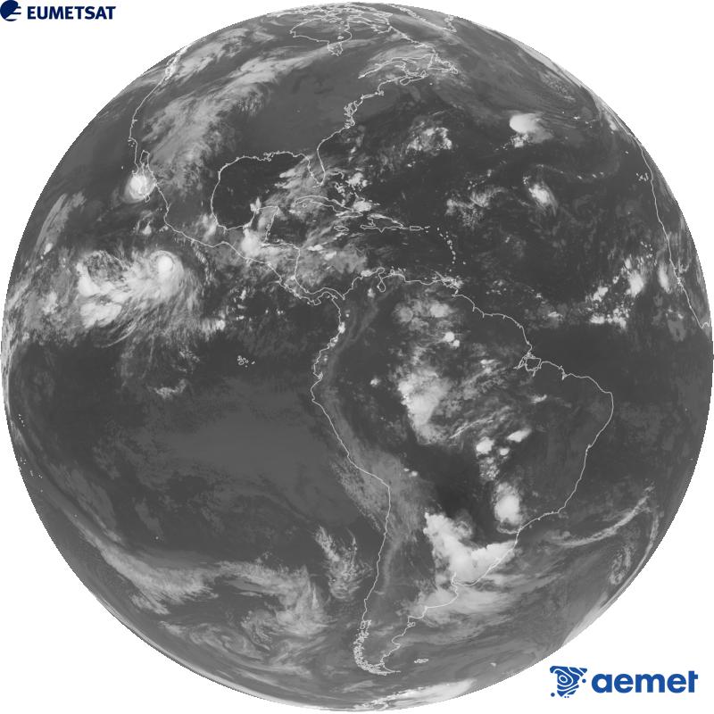 Imatge global del canal infraroig (longitud d'ona 10.3 �m) del sat�l�lit geoestacionari estatunidenc GOES-19. Les hores indicades es refereixen a la pen�nsula (una hora menys a les Illes Can�ries).&nbsp;dimarts, 29 de setembre  2026 08:00