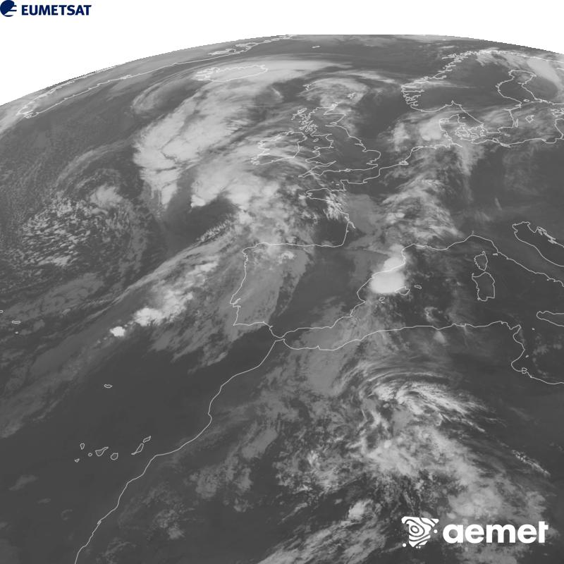 Esta imaxe x�rase utilizando informaci�n da canle Infravermella 10.5 �m do sat�lite METEOSAT-12, pertencente � terceira xeraci�n de sat�lites Meteosat (MTG). Para que a imaxe se asemelle m�is � percepci�n do ollo humano, a escala de grises est� investida. As horas indicadas ref�rense � pen�nsula (unha hora menos nas Illas Canarias).&nbsp;martes, 29 setembro  2026 09:00
