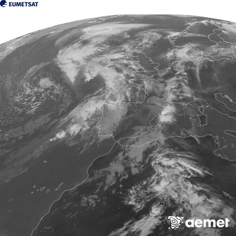 Esta imaxe x�rase utilizando informaci�n da canle Infravermella 10.5 �m do sat�lite METEOSAT-12, pertencente � terceira xeraci�n de sat�lites Meteosat (MTG). Para que a imaxe se asemelle m�is � percepci�n do ollo humano, a escala de grises est� investida. As horas indicadas ref�rense � pen�nsula (unha hora menos nas Illas Canarias).&nbsp;martes, 29 setembro  2026 11:00